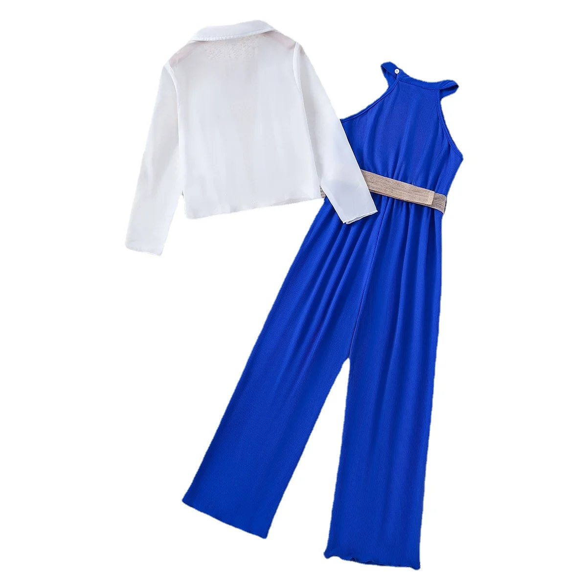 Fashion Girl Clothes Teenager Set Girls Suits Blouse Chiffon and Jumpsuit Halter with Belt Elegant Formal Outfit Teens Plus Size