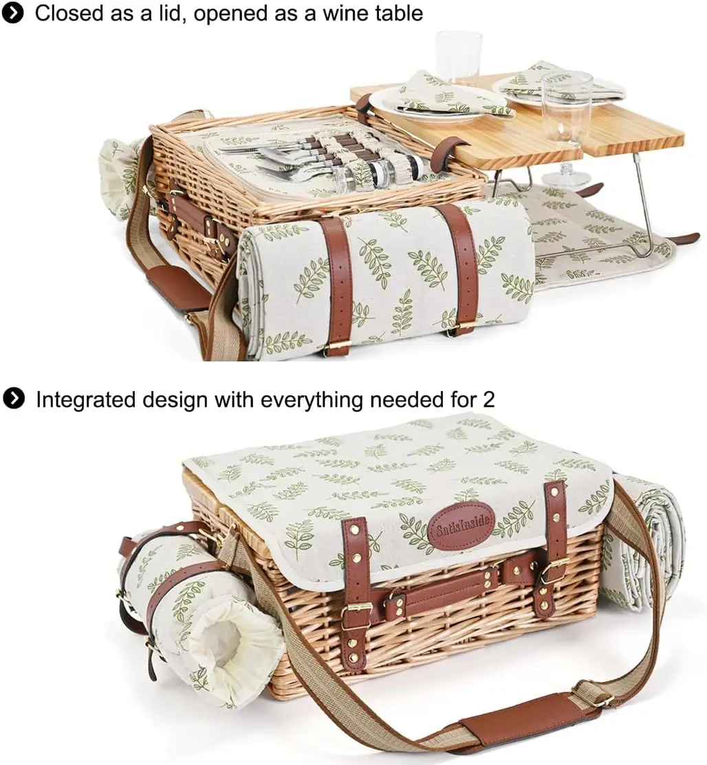 2-Person Wicker Picnic Basket Set, Multifunctional Insulated Picnic Kit with Blanket, Picnic Table, Complete Tableware, Leaf, Outdoor Camping Basket for Couples