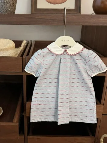Vestido de Verão Artístico Estilo Coreano com Manga Curta e Saia Princesa para Meninas, Vestido Elegante com Gola de Boneca e...