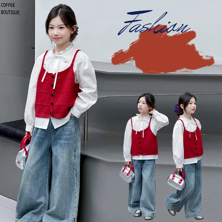 

Детский топ из двух предметов для девочек, осенняя корейская детская майка с бантом и длинными рукавами для девочек-подростков, однобортный жилет