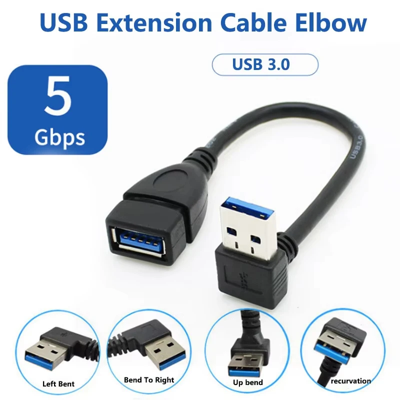 90-Grad-Winkel USB 3.0 Verlängerungskabel Rechts/Links/Ober-/Unterwinkel Stecker auf Buchse Adapterkabel USB-Verlängerungskabel für Laptop