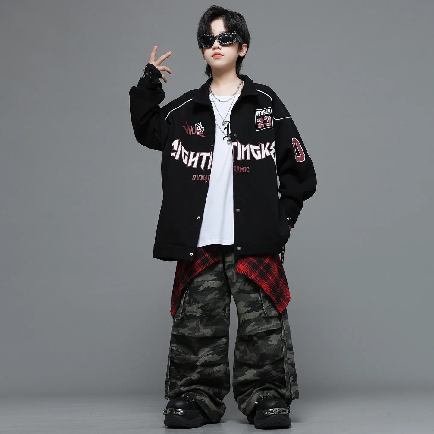 

Kid Kpop Hip Hop Clothing Black Letters Print Shirt Jacket Camo Casual Parachute Cargo Pants for Girl Boy Dance Costume Clothes