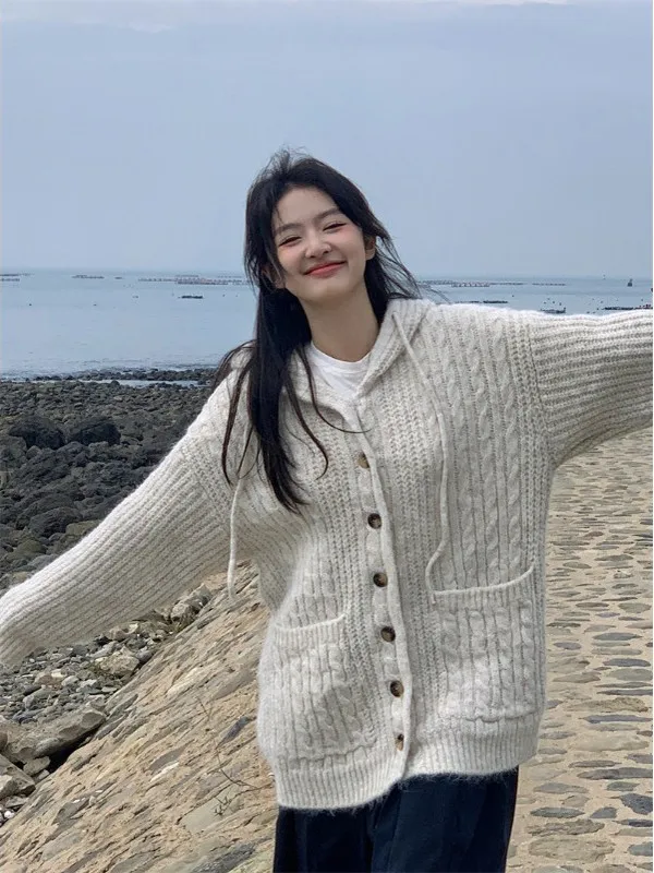 

plus Size Women's Lazy Sle Hooded Thiened Knitted Sweater Coat Autumn Winter New Loose Versatile Outerwear Korean Sle