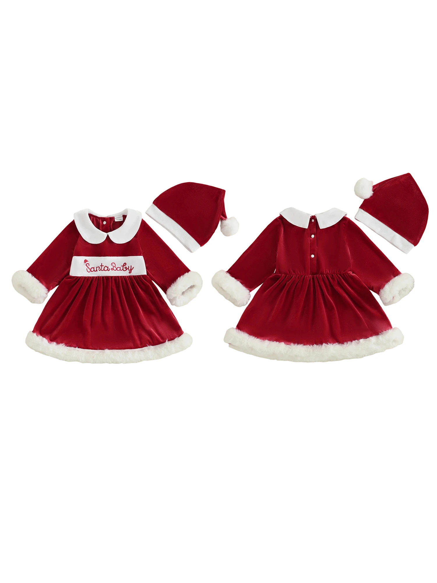 

Adorable Infant Girl Holiday Ensemble with Plush Trim Doll Collar Soft Velvet Dress and Matching Santa Hat for Winter