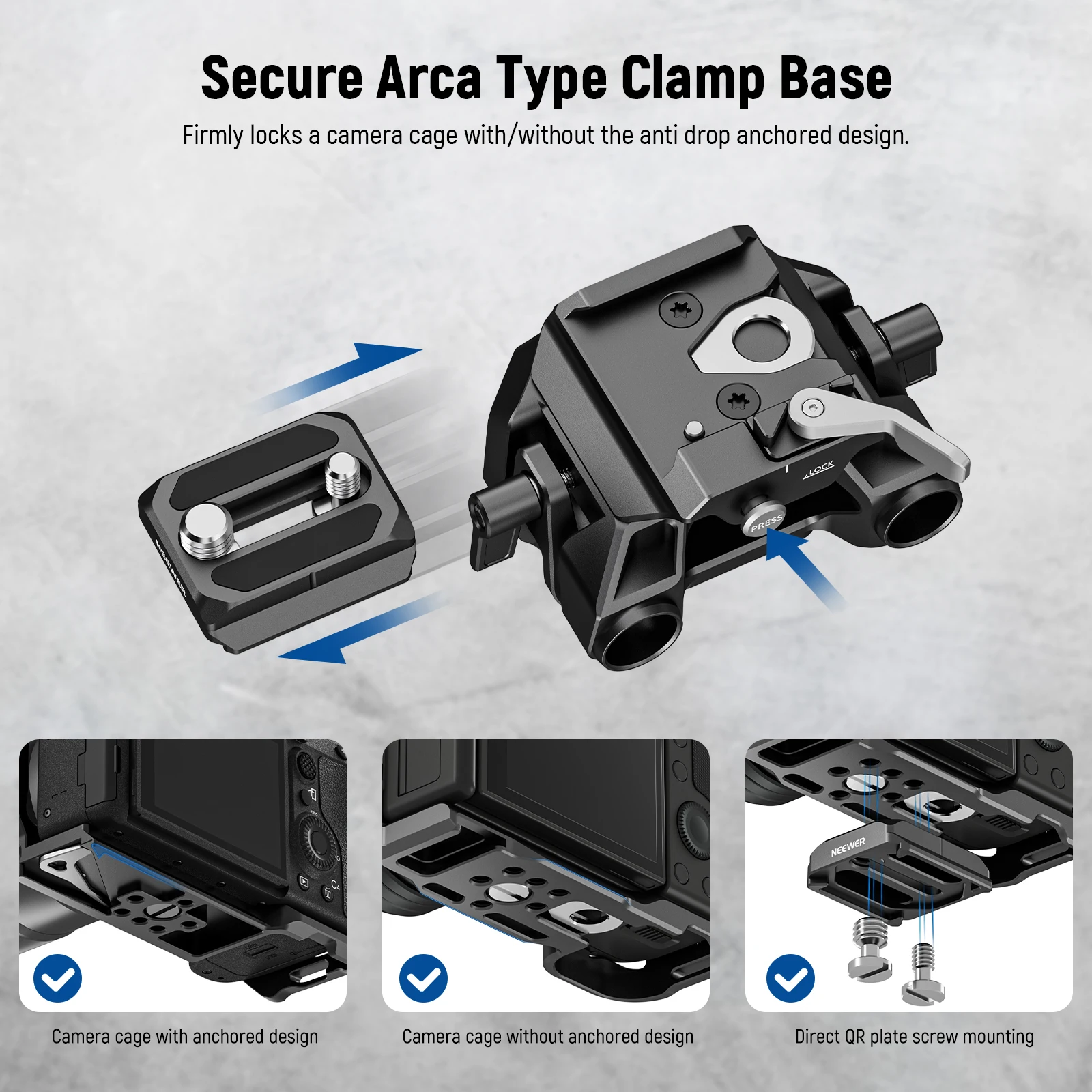 NEEWER 15mm LWS Baseplate with Arca Type QR Plate & Base, Dual 15mm Rod Clamps, Retractable Anti Off Pin, 1/4\