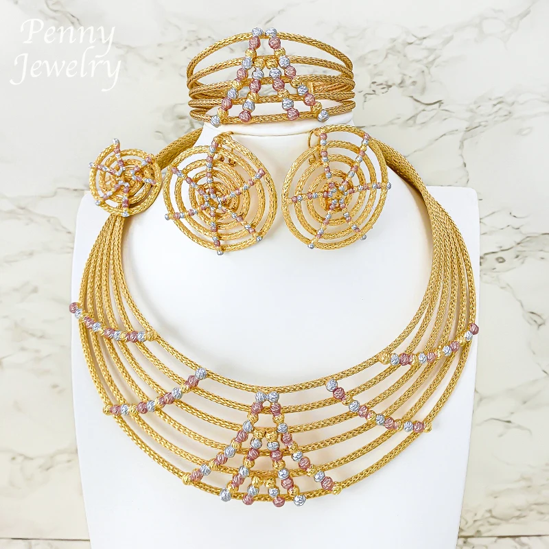 Luxury Chunky Choker Exaggerated 4Pcs Jewelry Set for Woman Necklace Earrings Bracelet Ring African Bridal Wedding Party Gifts