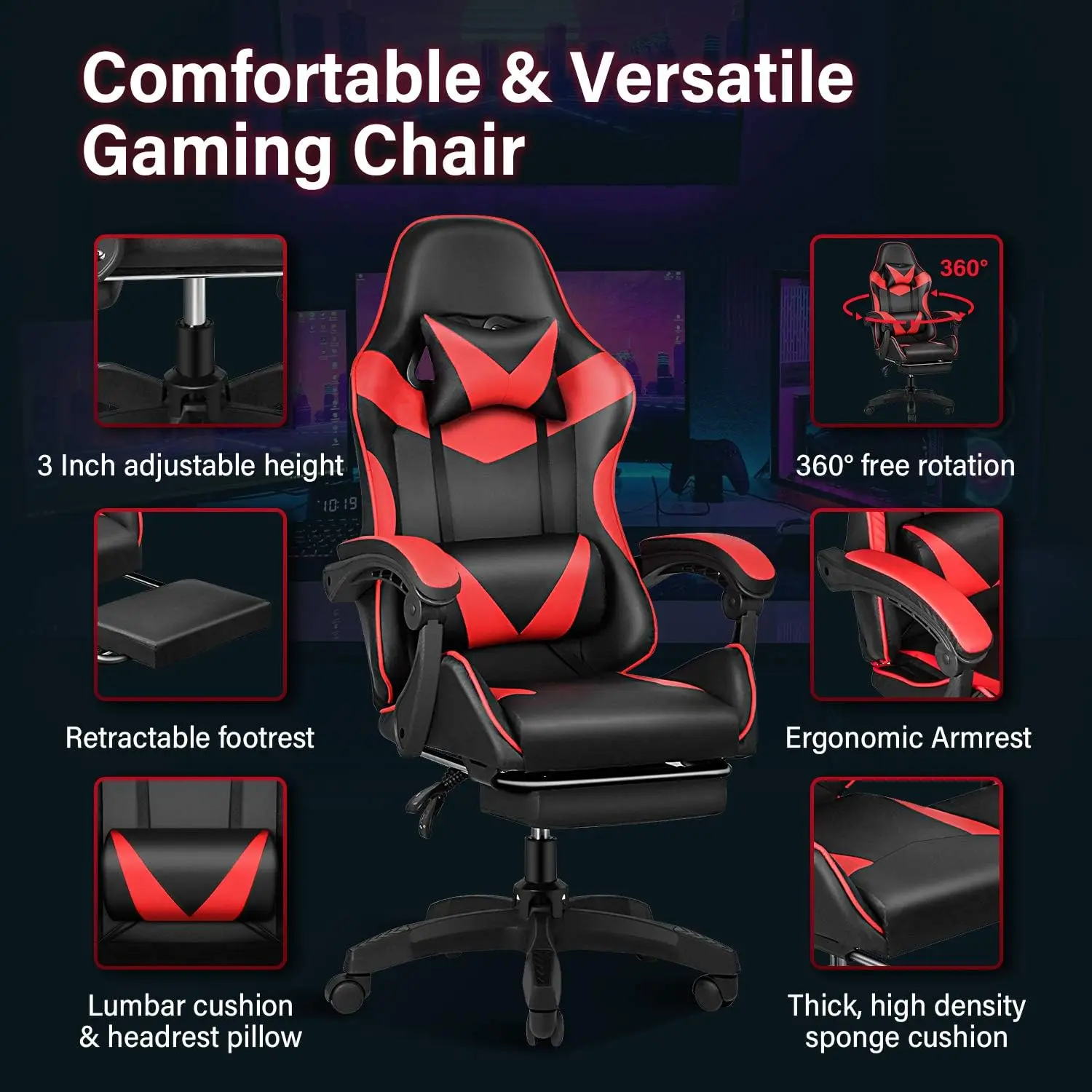 Gaming Chair Adjustable Backrest Seat Height Swivel Recliner Ergonomic Video Game Chair with Footrest Lumbar Support