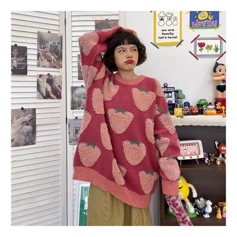 Deeptown Japanese Kawaii Pink Sweater Women Harajuku Fashion Knitted Jumper Korean Style Knitwear Strawberry Oversized Pullover