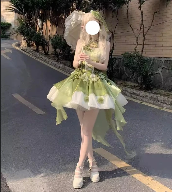 Green Lolita Neck Short Dress Womens High Waist Slim Sweet Off-The-Shoulder Princess Birthday Dress Ladies Wedding Party Dress
