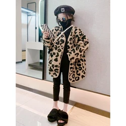 Girls Popular Leopard Print Cardigan Jacket Autumn and Winter Stylish 2024 New Children Korean Fur Integrated Top Trend