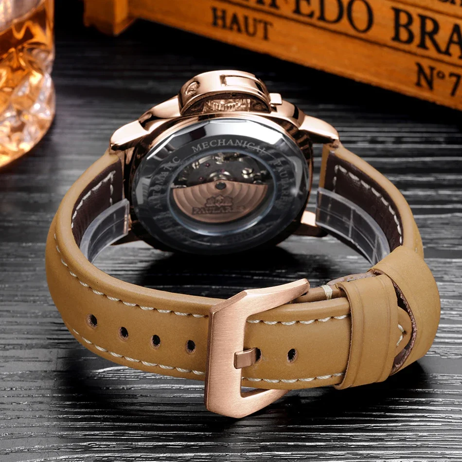 ساعة أوتوماتيكية للرجال حركة ميكانيكية جلد بني أصفر أخضر مضيء فاخر ذهبي وردي عسكري