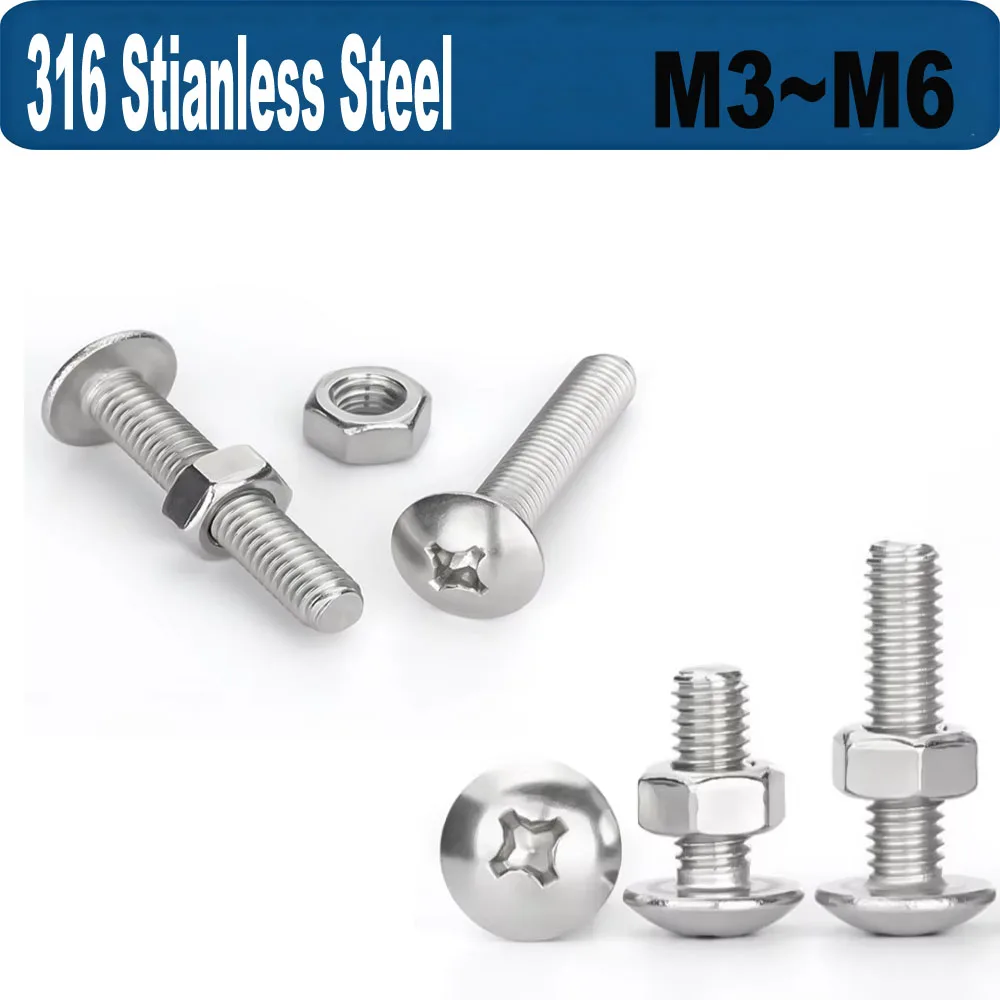 

316 Stainless Steel Phillips Large Flat Round Head Cross Screws Nuts M3 M4 M5 M6 Combination Set Hexagon Bolts