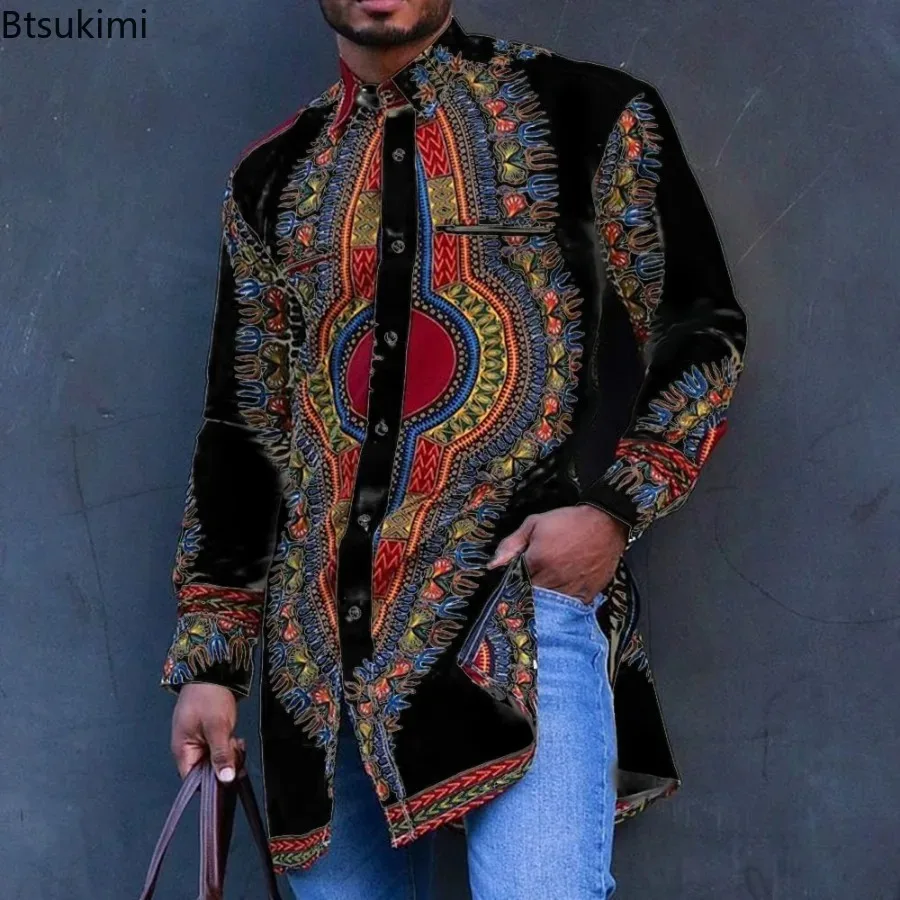 2025 New in African Clothing Men's Mid-length Shirts Ethnic Style Printing Color Matching Fashion Casual Long Sleeve Top Blouses