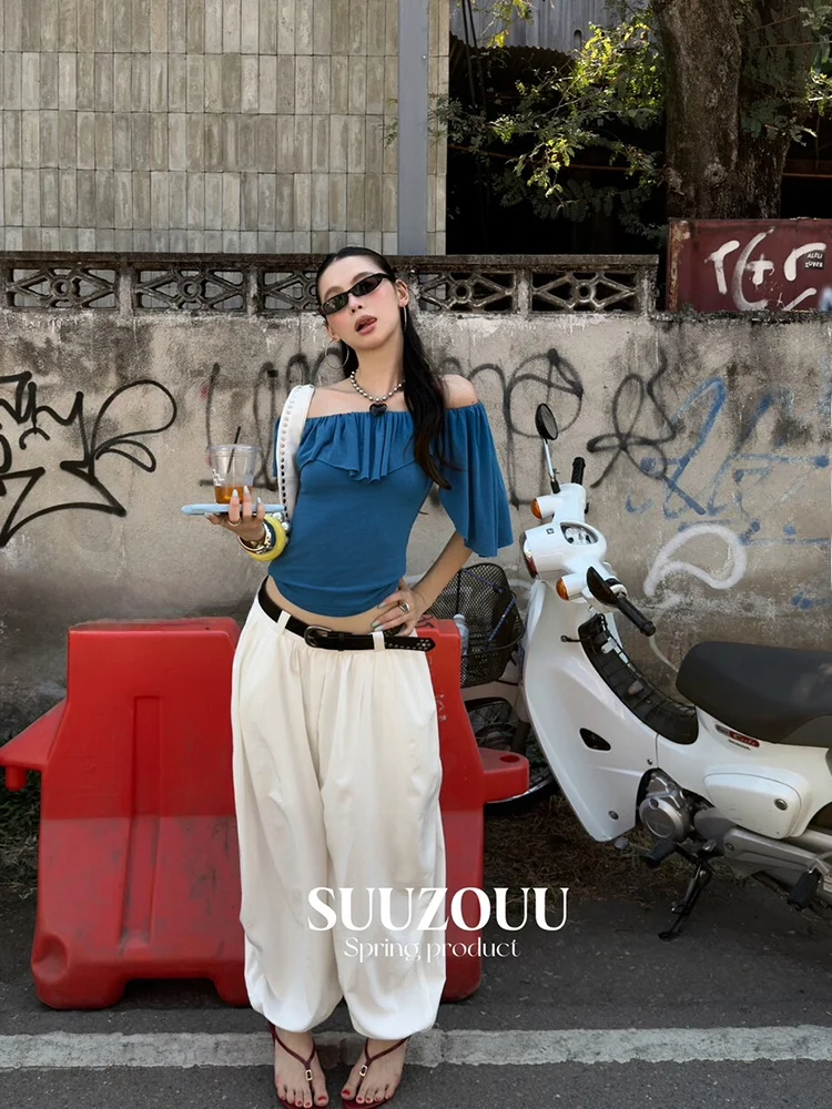 

Sexy Suuzouu2026 Summer New One-Shoulder Ruffle Waist Slimming Top Women's Fashionable Cotton Blend Polyester Fiber Short Sleeve