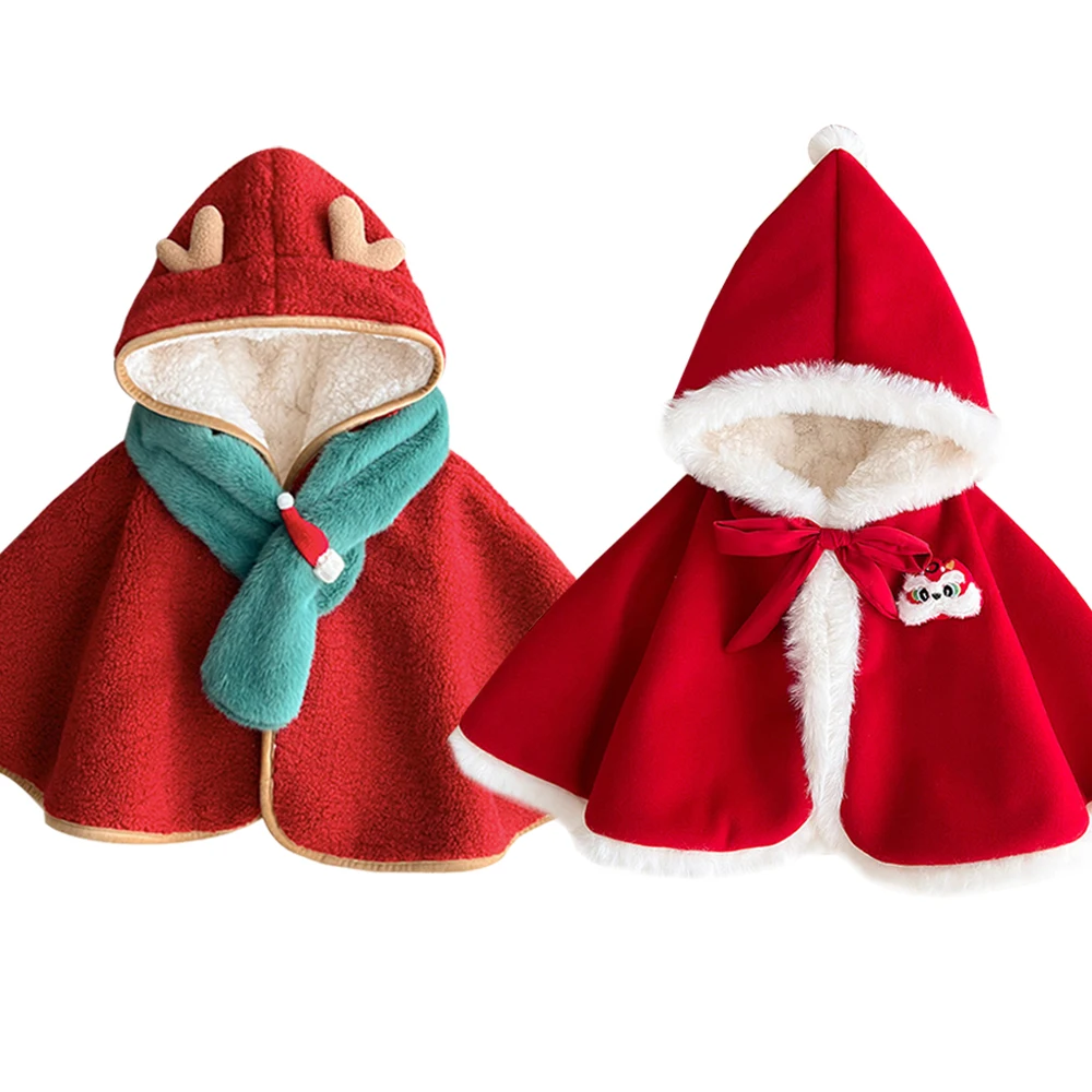 

Зимняя накидка для маленьких девочек 0-3 лет, утепленный плащ с капюшоном, красная куртка с Рождеством, плюшевое пальто, толстовка с капюшоном в виде лося, флис ягненка