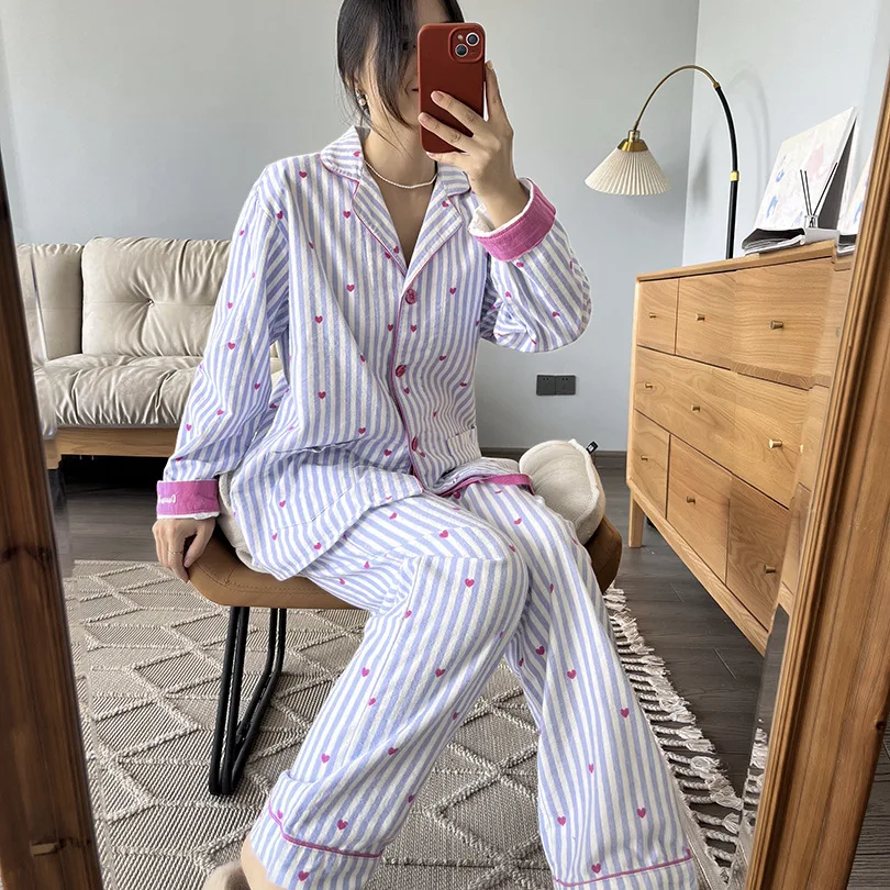 Damen Niedlicher Cartoon-Druck 100% Baumwolle Gebürstetes Pyjama-Set Frühling Herbst Langarm-Oberteil Lange Hose 2-teilig Loungewear Homewear – Detail 9