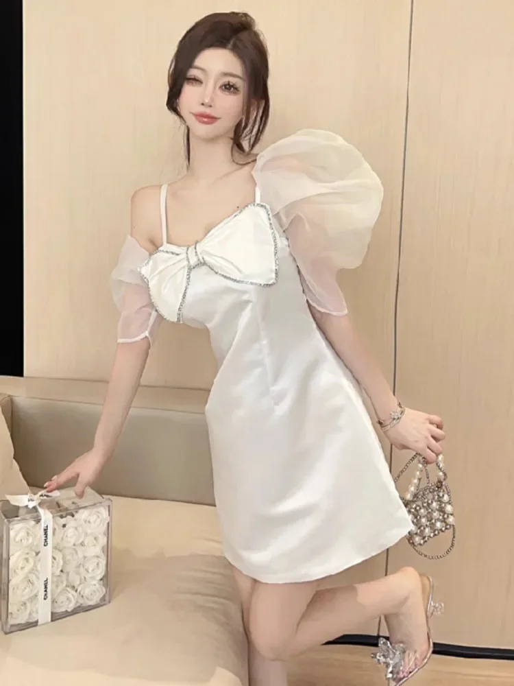 Topanoma Party Evening Dresses Women Bowknot Rhinestone Puff Sleeve Mesh Off Shoulder Princess Cocktail Mini Dress Sexy Elegant