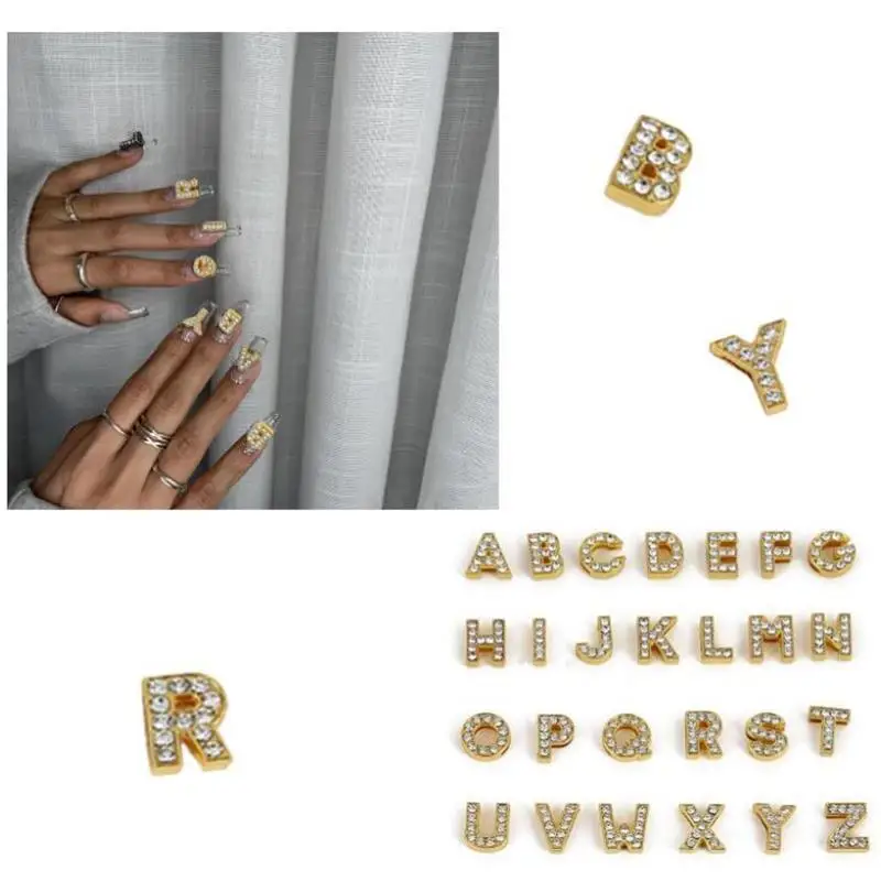 26pcs Gold Alphabet Acrylic Pendant Nail Accessories A-Z 26-Letter Nail Art Charms With Rhinestones DIY Jewelry Making Supplies*