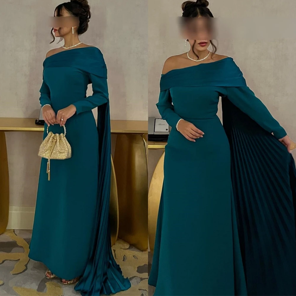 

Customized Graceful Satin Boat Neck Evening Dress Classic Prom Dresses Temperament Long Sleeves Special Occasion Gowns