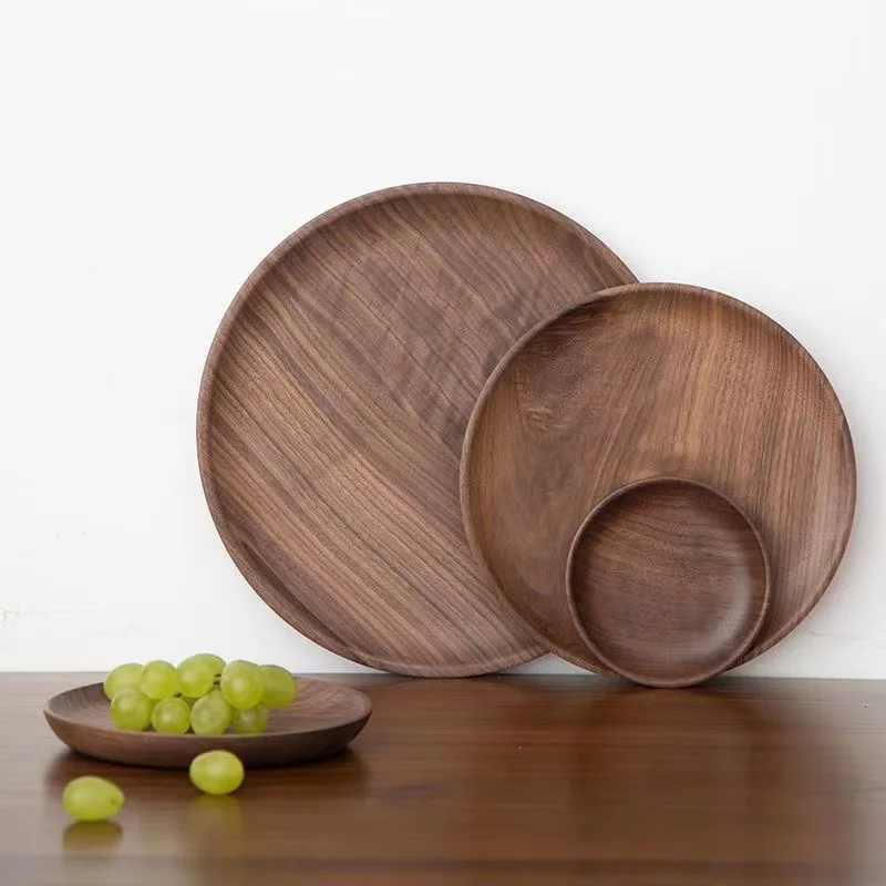 Solid Wood Tea Tray Japanese Walnut Dry Bubble Plate Round Type Plate Meal Wooden Tableware Household Snacks Dry Fruit Plate