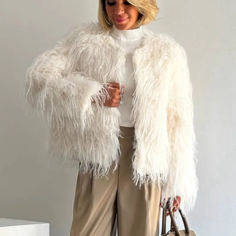 

2025 Women Warm Faux Fur Jacket Short-Style Furry Overcoat Elegant Plush Crop Jacket Femme Trendy Casual Street Daily Wear