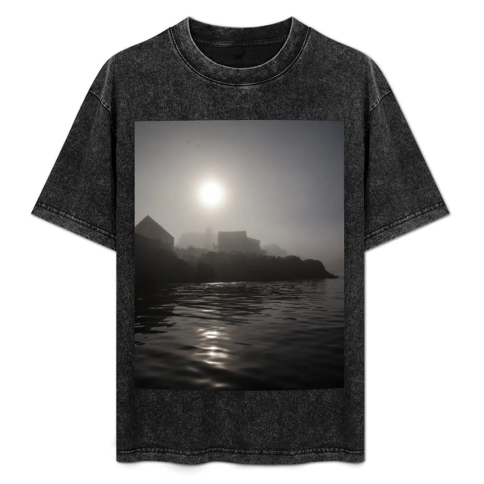 Футболка с классическим графическим принтом и короткими рукавами Foggy Harbor Sunrise at Monhegan Island Maine