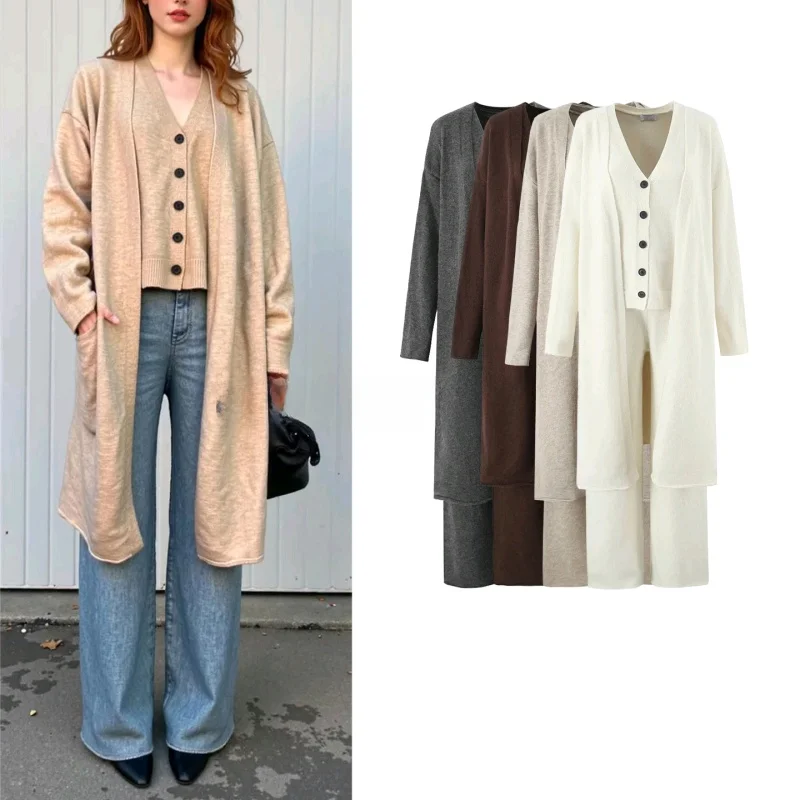 

Новый осенний женский комплект из трех предметов: вязаный жилет на одной пуговице, брюки с широкими штанинами, длинный открытый кардиган. Повседневный стиль для взрослых.