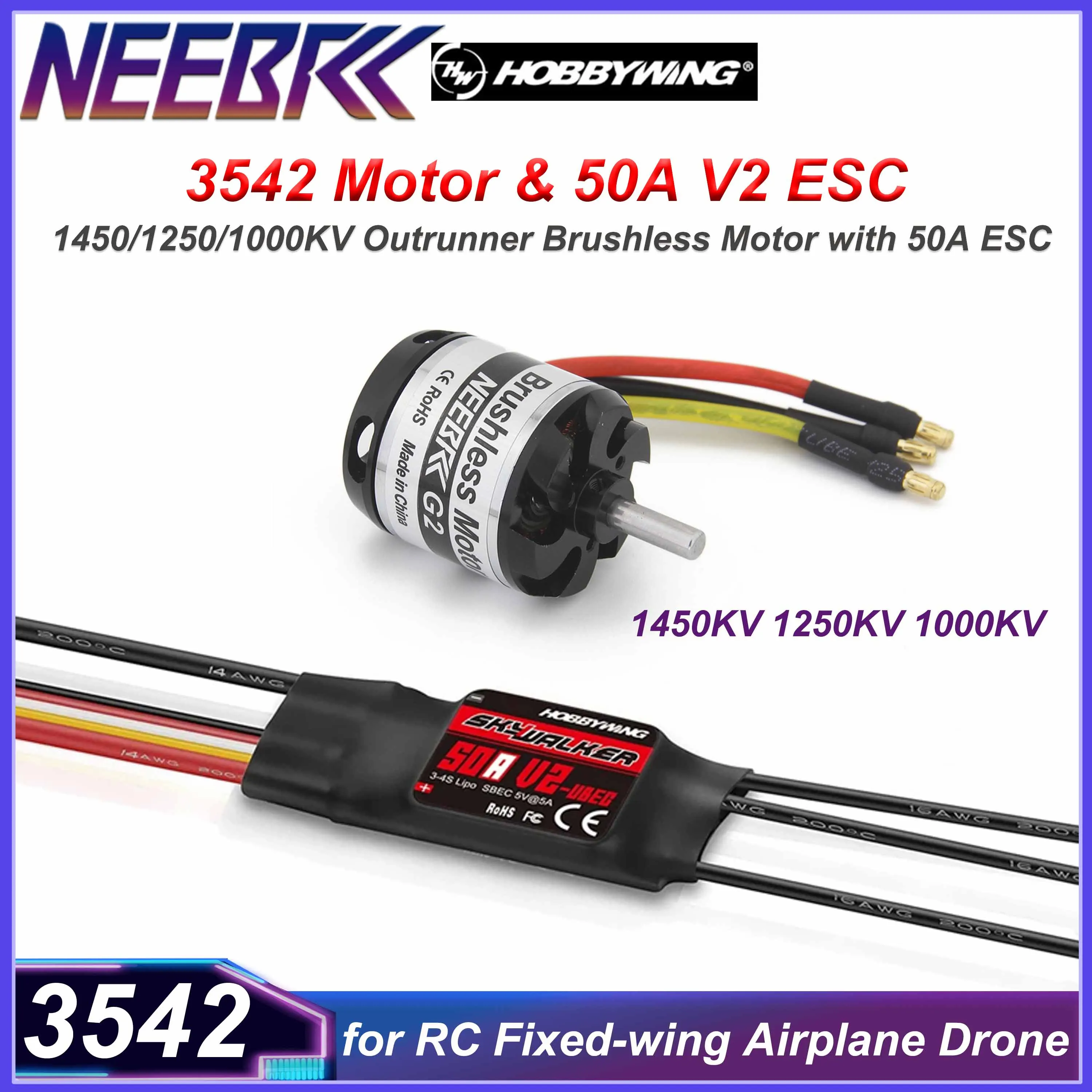 

NEEBRC 3542 Brushless Motor with 50A ESC V2 Speed Controller 1450KV 1250KV 1000KV for RC Fixed-wing Multicopter Drone Plane Part