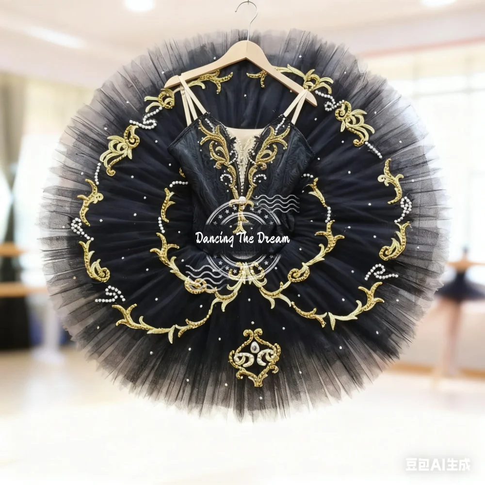 Schwarzgold besticktes Ballett-Tutu-Kleid für Damen und Mädchen, Tanz-Performance-Kostüm