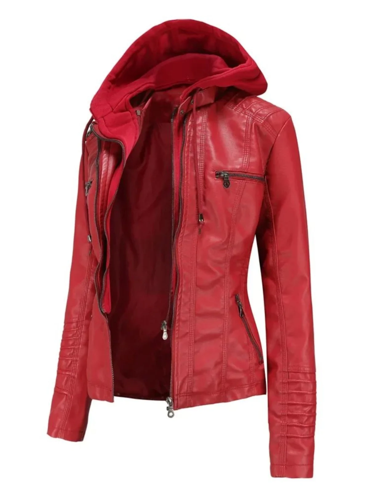 ストリート スレ フード付きレザー ジャケット レディース カラーコート TING ロングスリーブ ジッパー開閉 レギュラーフィット ファッション アウターウェア