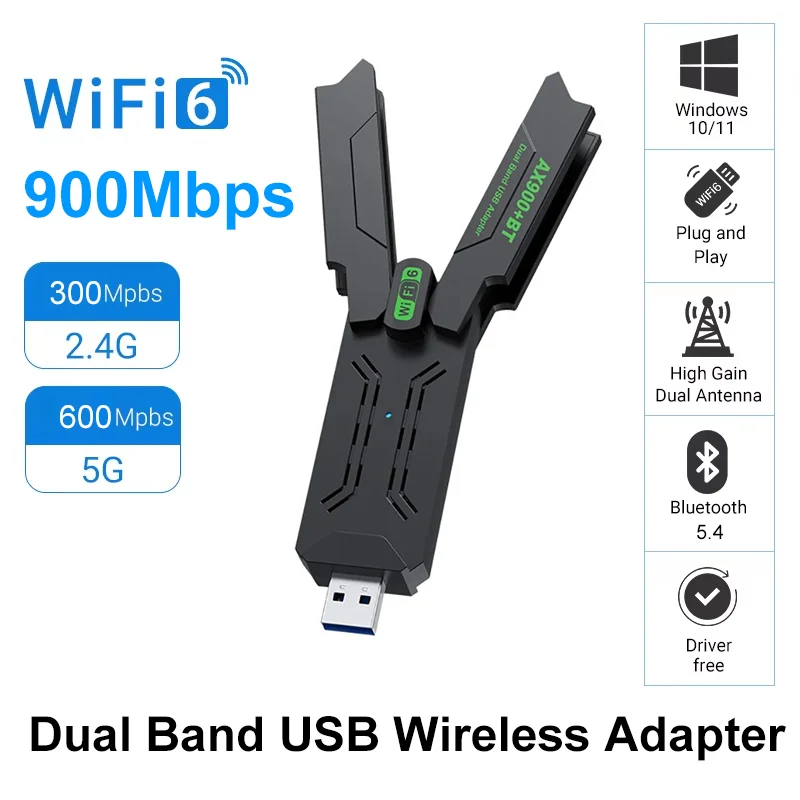 

2 in 1 AX900 WiFi 6 Bluetooth5.4 Adapter USB Dongle Dual Band 2.4G&5GHz USB WiFi Network Card Wireless Wlan Receiver DRIVER FREE