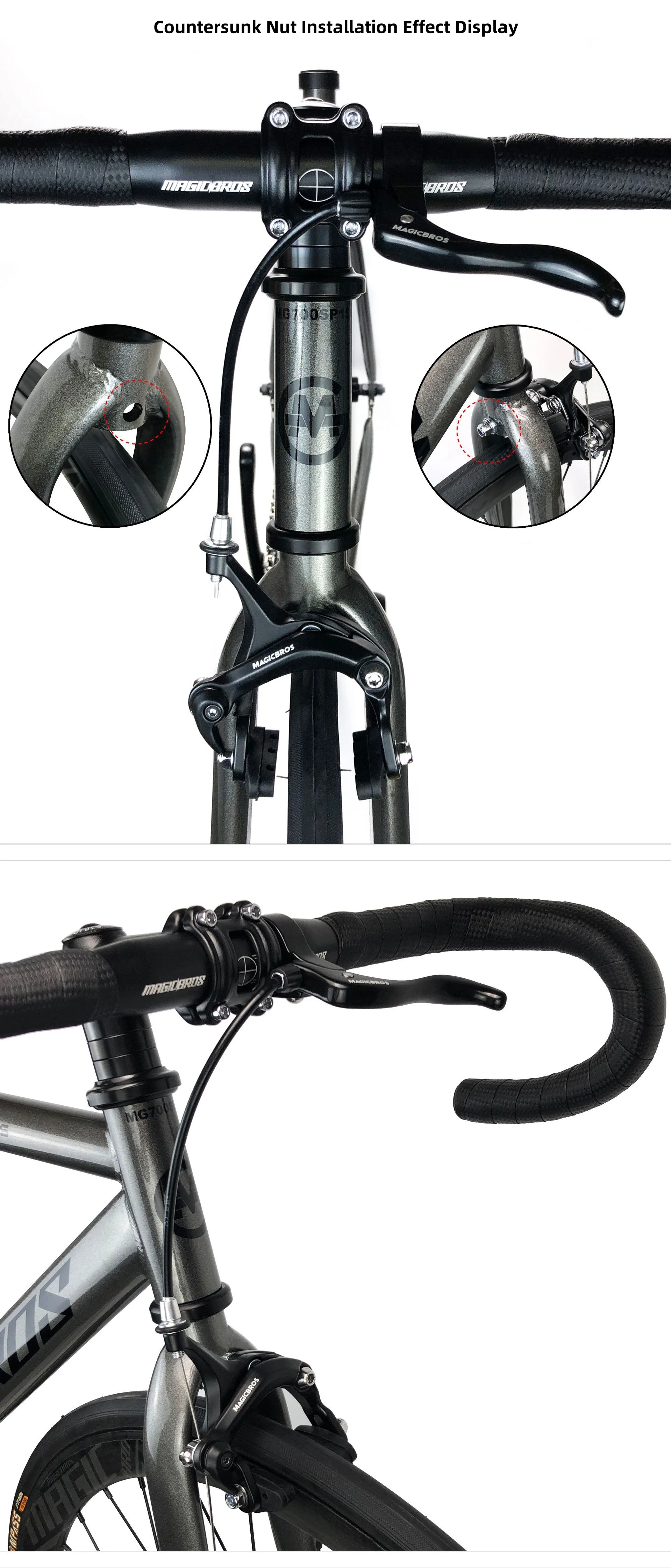 MAGICBROS Fixie-Fahrrad Vorderes C-Bremsen-Set mit Bremshebeln & Kabel für Rennräder 22,2/31,8MM Bremshebel Bremszangen-Set – Detail 7