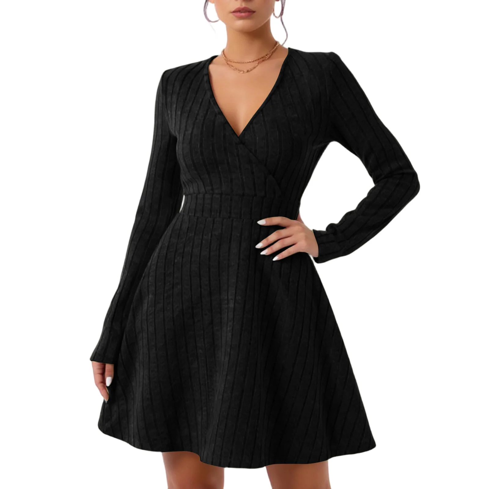 秋/冬セクシーなボディコンセーター女性のスリムフィットVネック長袖ニットドレスミディカジュアルソリッドカラードレス