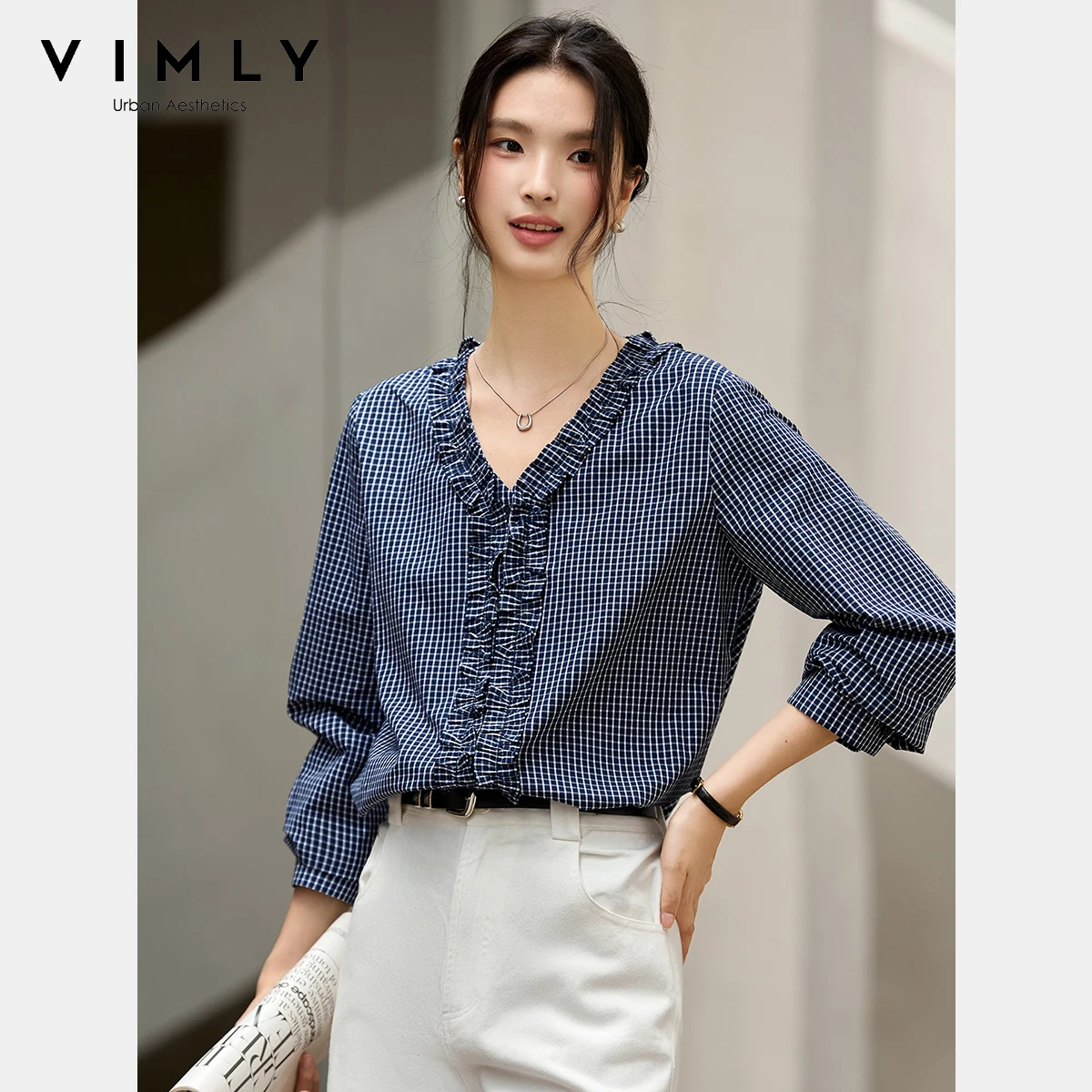 

VIMLY Элегантные женские темно-синие клетчатые рубашки Осень 2025 Повседневные топы из чистого хлопка с длинными рукавами Съедобная рубашка с v-образным вырезом в виде грибка дерева A3101