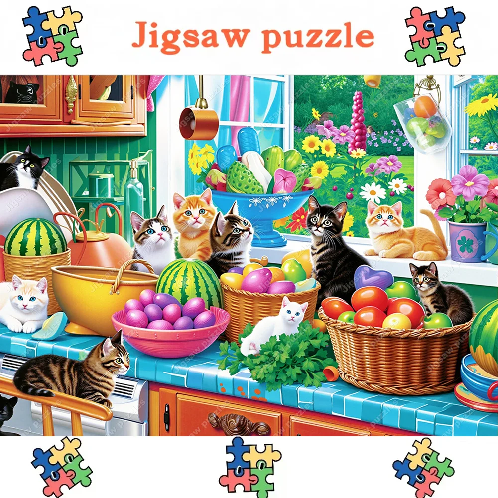 1000/2000/1314/520 قطعة أحجية الصور المقطوعة للبالغين - مشهد القطط والكبير والمطبخ مع قطط تابي/السلحفاة، قطع ألغاز للجري