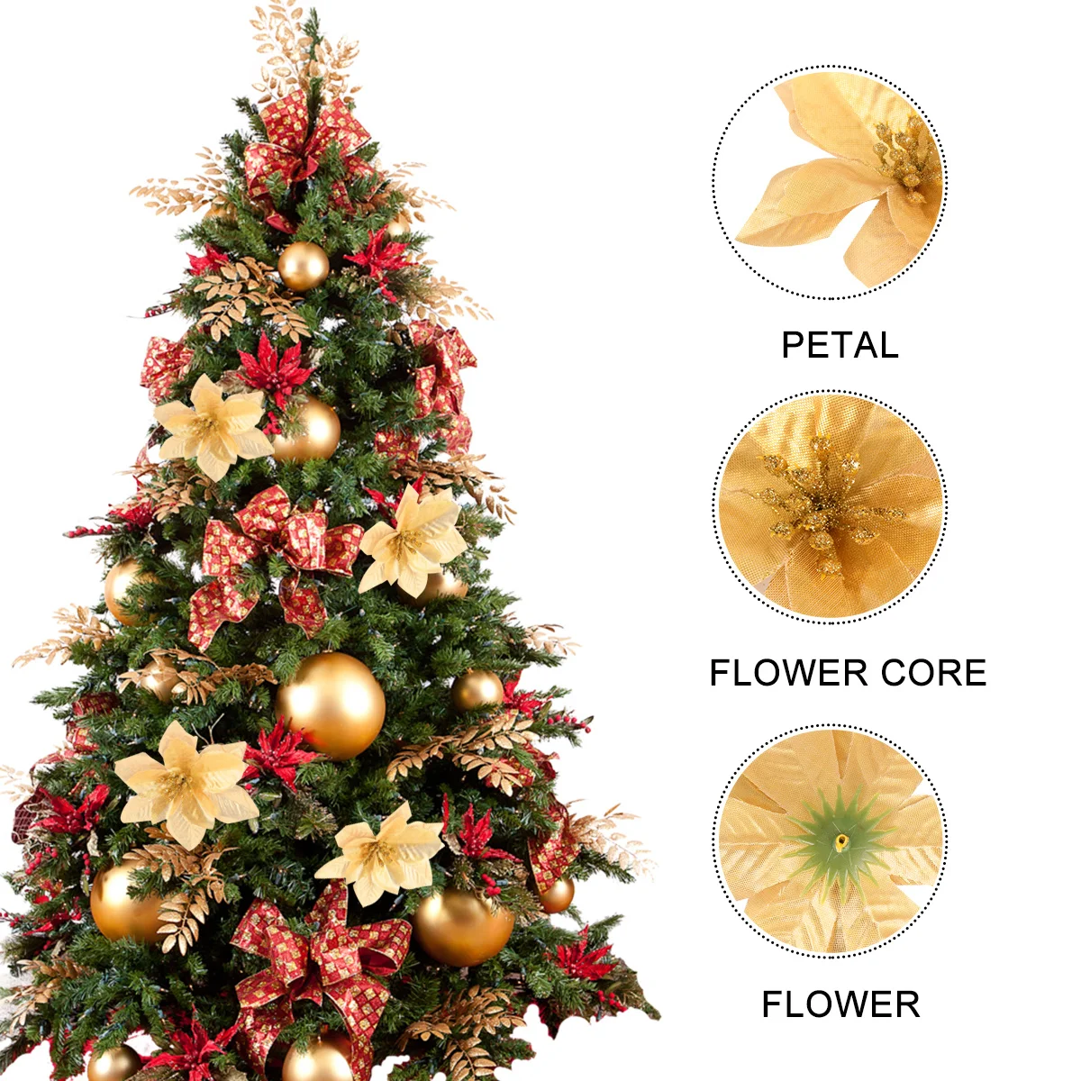

24pcs Christmas Decoration Fake Cloth Simulation Gold Dust Artificial Flowers For Tree Ornament Party Reusable Three Layers