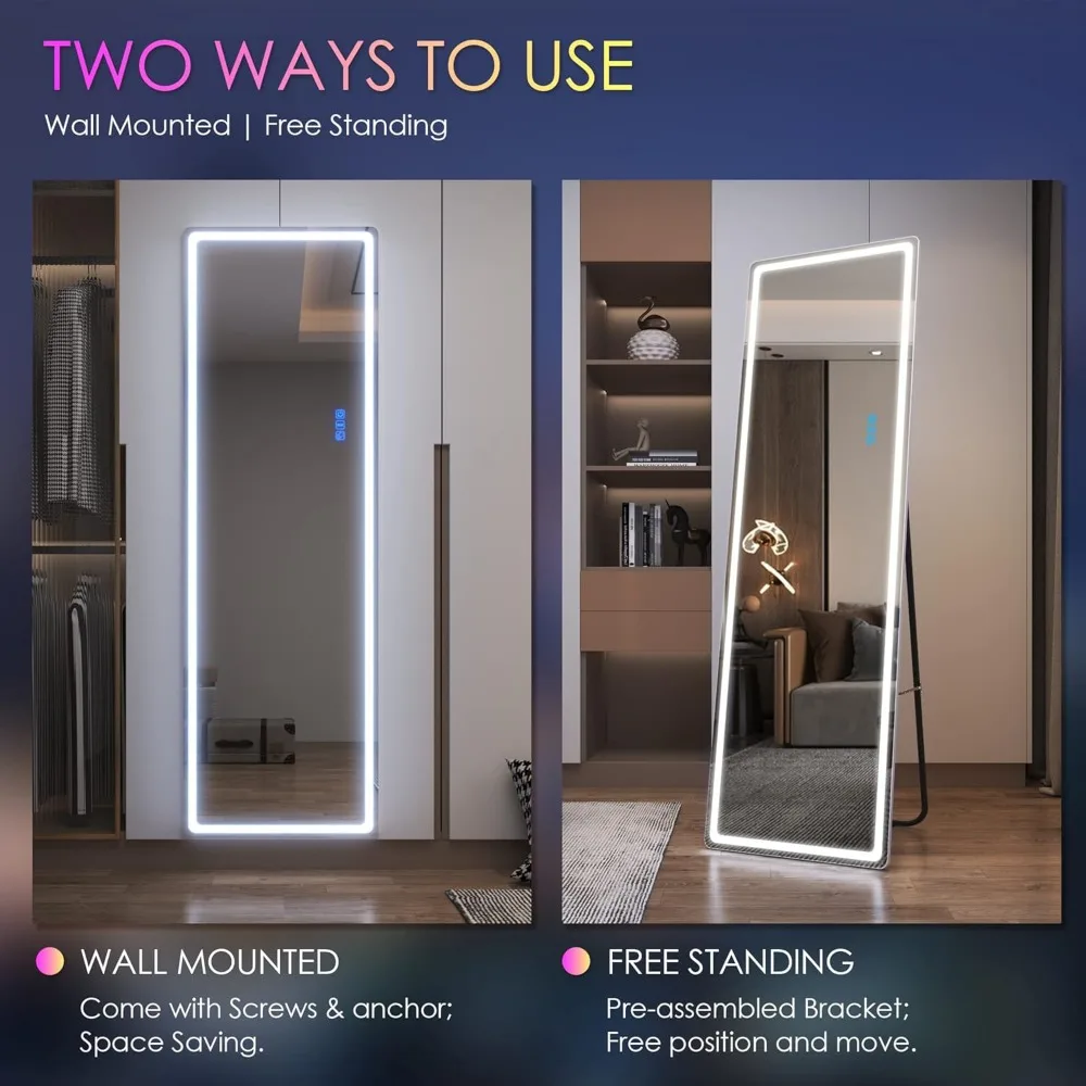 Beleuchteter Bodenspiegel in voller Länge mit RGB-LED, freistehend und an der Wand montierbar, beleuchteter Ganzkörperspiegel für Zuhause und Salon