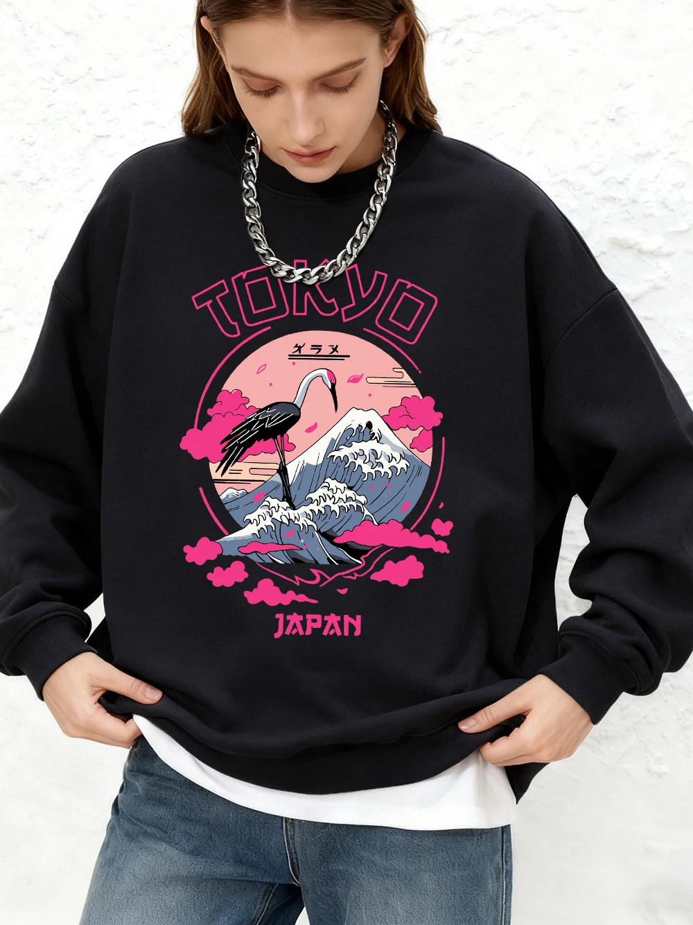 طوكيو اليابان الطباعة المرأة هوديس الخريف الدافئة الركض بلوزات عادية المتضخم Crewneck البلوفرات الرياضية ملابس امرأة