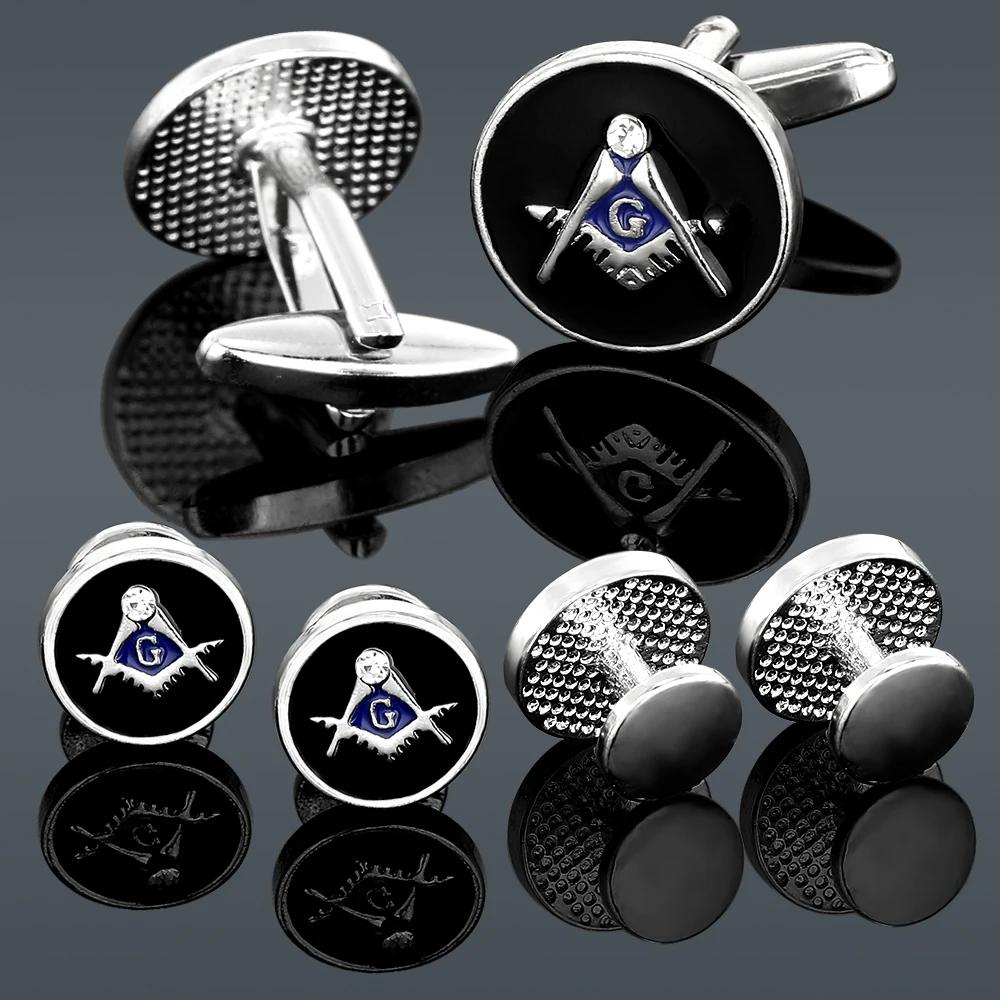 Freemason Logo Cufflinks&Sleeve Nail Set Black And Blue Enamel With Crystal For Men Boys Gift