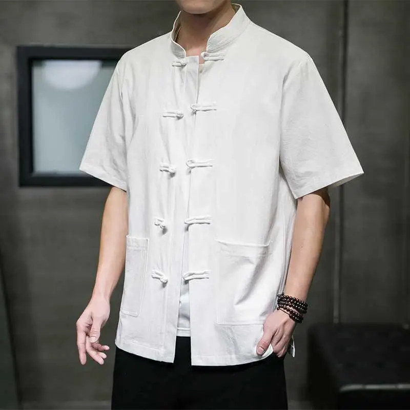 

Мужская льняная рубашка в китайском стиле с коротким рукавом, воротником-стойкой и пуговицами-лягушками, повседневный топ