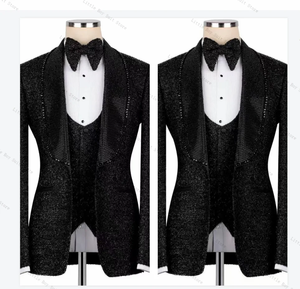 

Shiny Black Men Suit Set 2 Pcs Jacket Blazer Pant Crystals Lapel Wedding Tuxedos Formal Office Business Prom Coat Customized