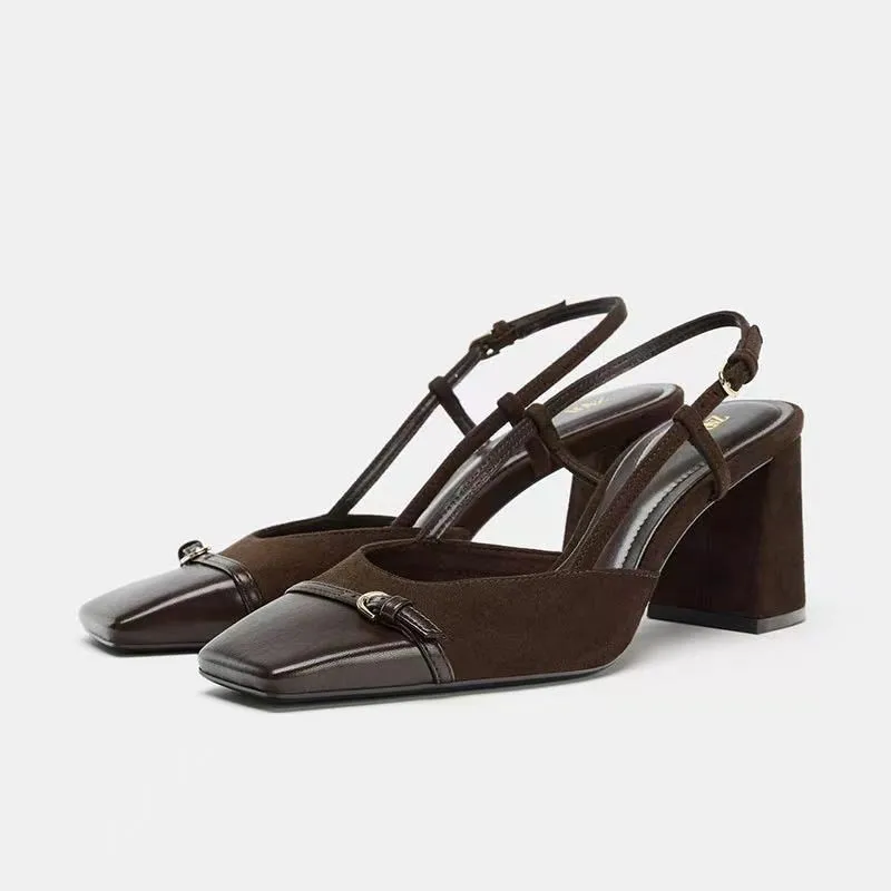 

Square Toe Shallow Mouth One Strap Block Heel Sandals Fashion Soft Sole Non-Slip High Heels