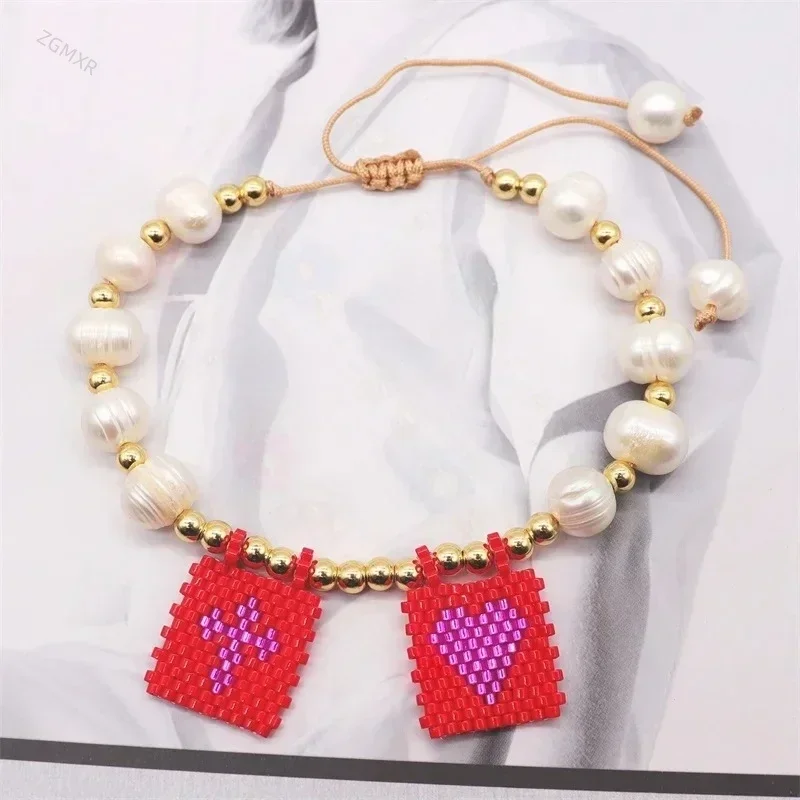 سوار حبة الأرز التدرج اللون القلب أنثى قوس قزح الهندسة تصميم اللؤلؤ الحياكة اليدوية بوهيميا سوار مطرز الموضة