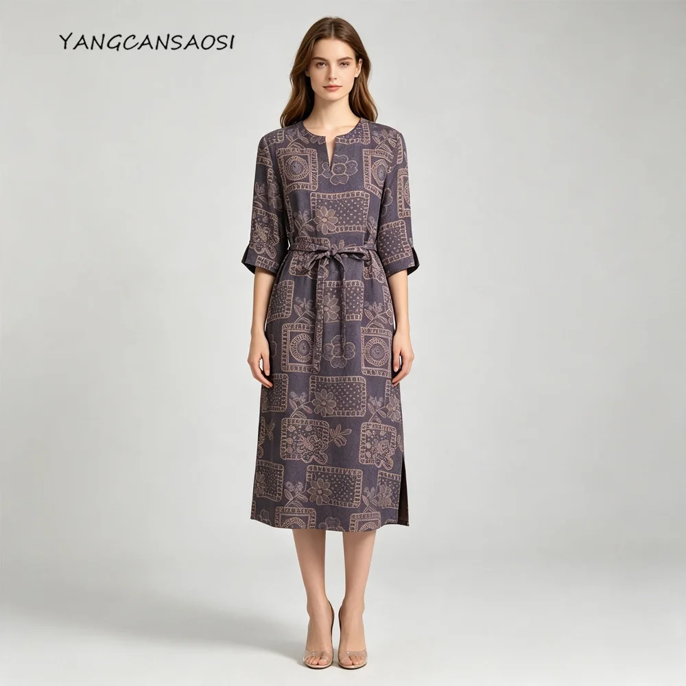 Women's Fashion New Navy Blue Print 100% Natural Mulberry Silk Fragrant Cloud Yarn Versatile V-neck Three-quarter Sleeve Dress
