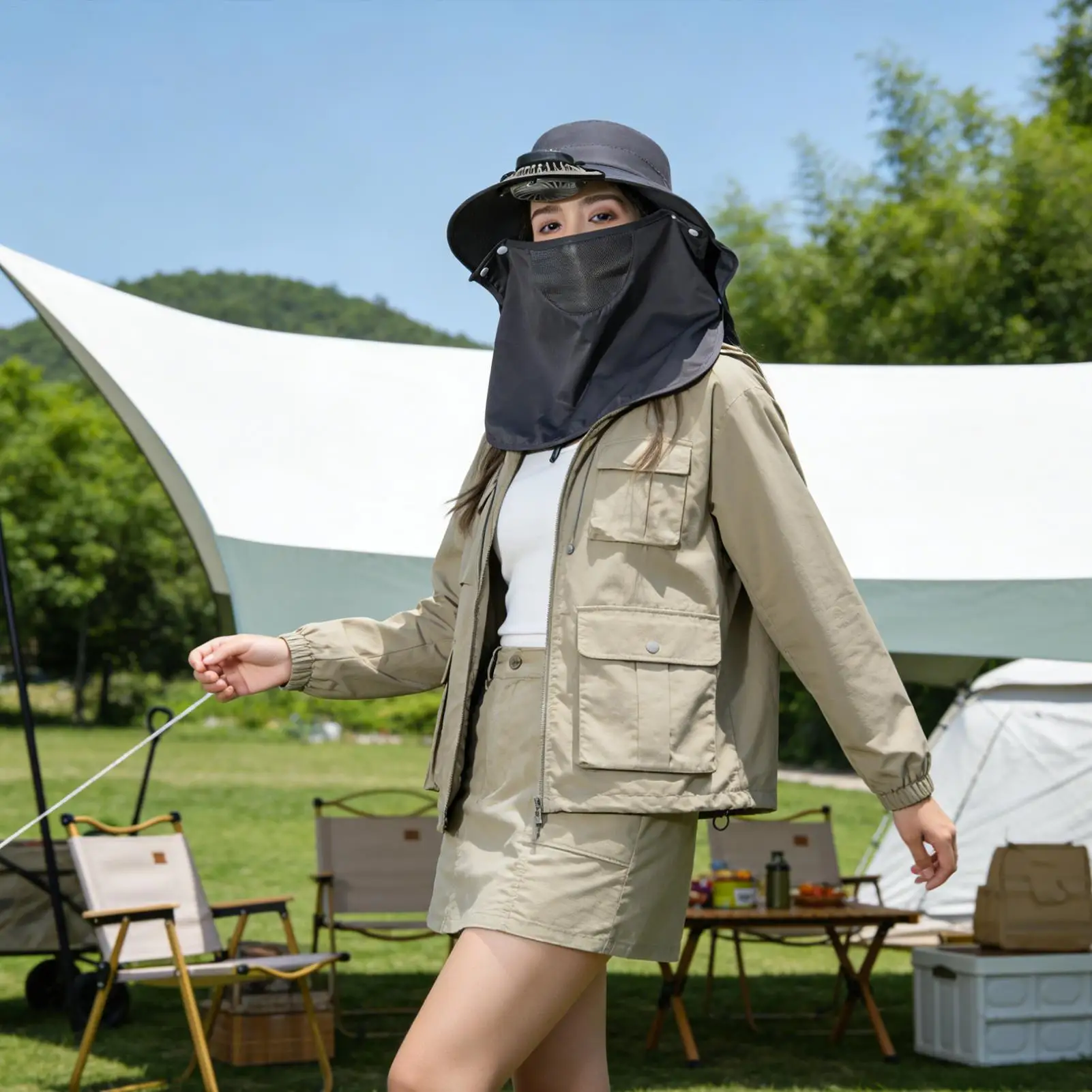 

Solar Fan Hat Wide Brim UV Protection Headwear Outdoor Fishing Hat With Face Guard Neck Flap For Outdoor Beach Picnic Camping