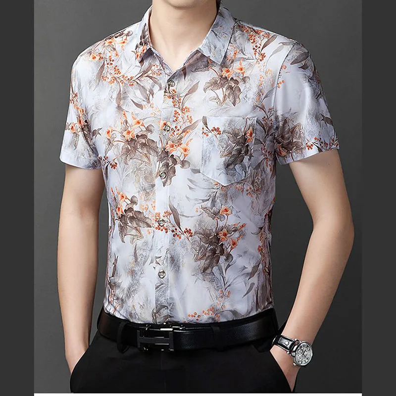 

Vintage Printed Lapel Button Pockets Casual Shirts Men Clothing 2023 Summer New Oversized Korean Tops Short Sleeve Stylish Shirt