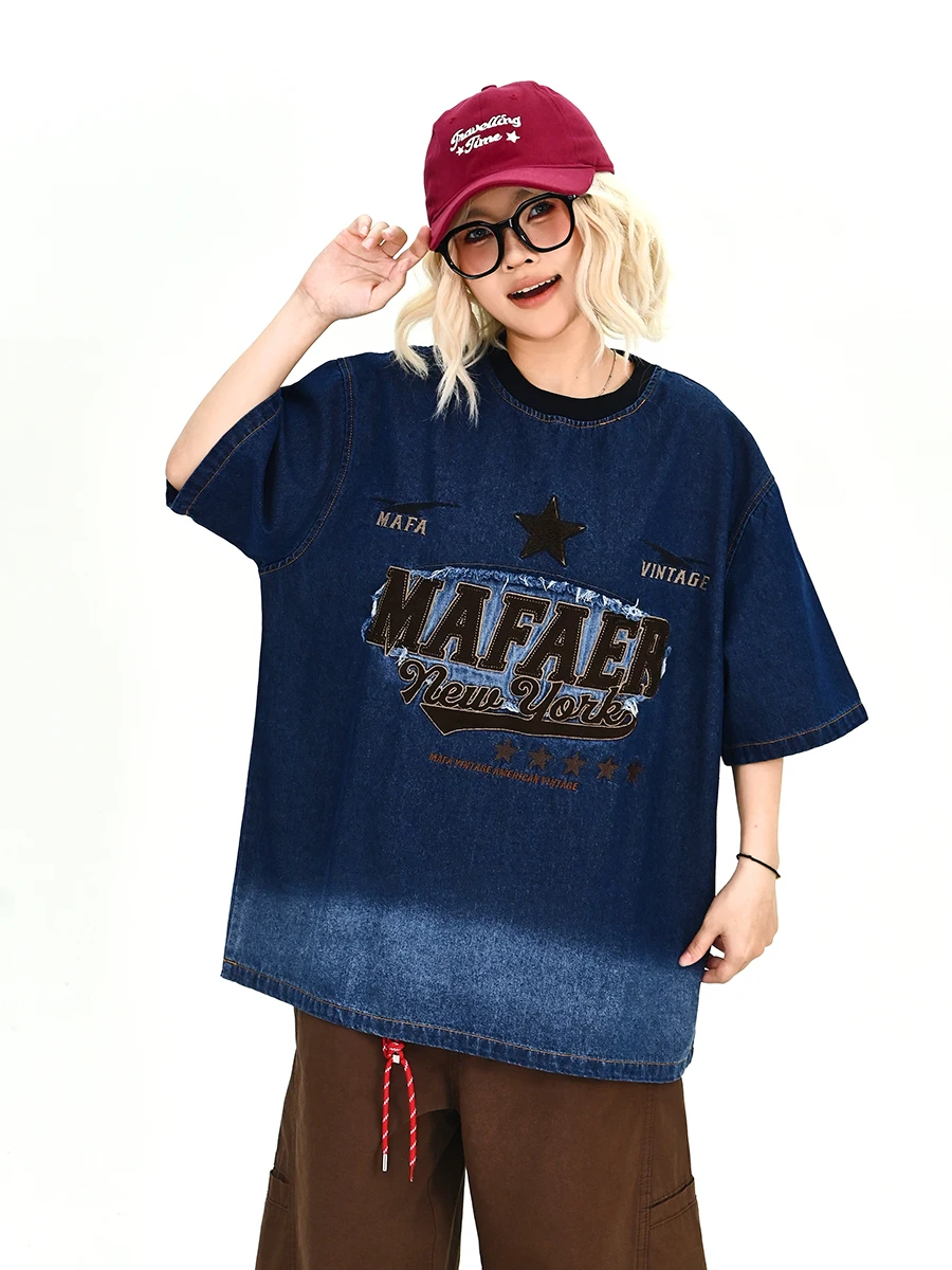 

Женская свободная футболка Lazy Letter Denim с коротким рукавом в американском ретро-стиле для пар, модный уличный стиль, дышащий хлопок, круглый вырез