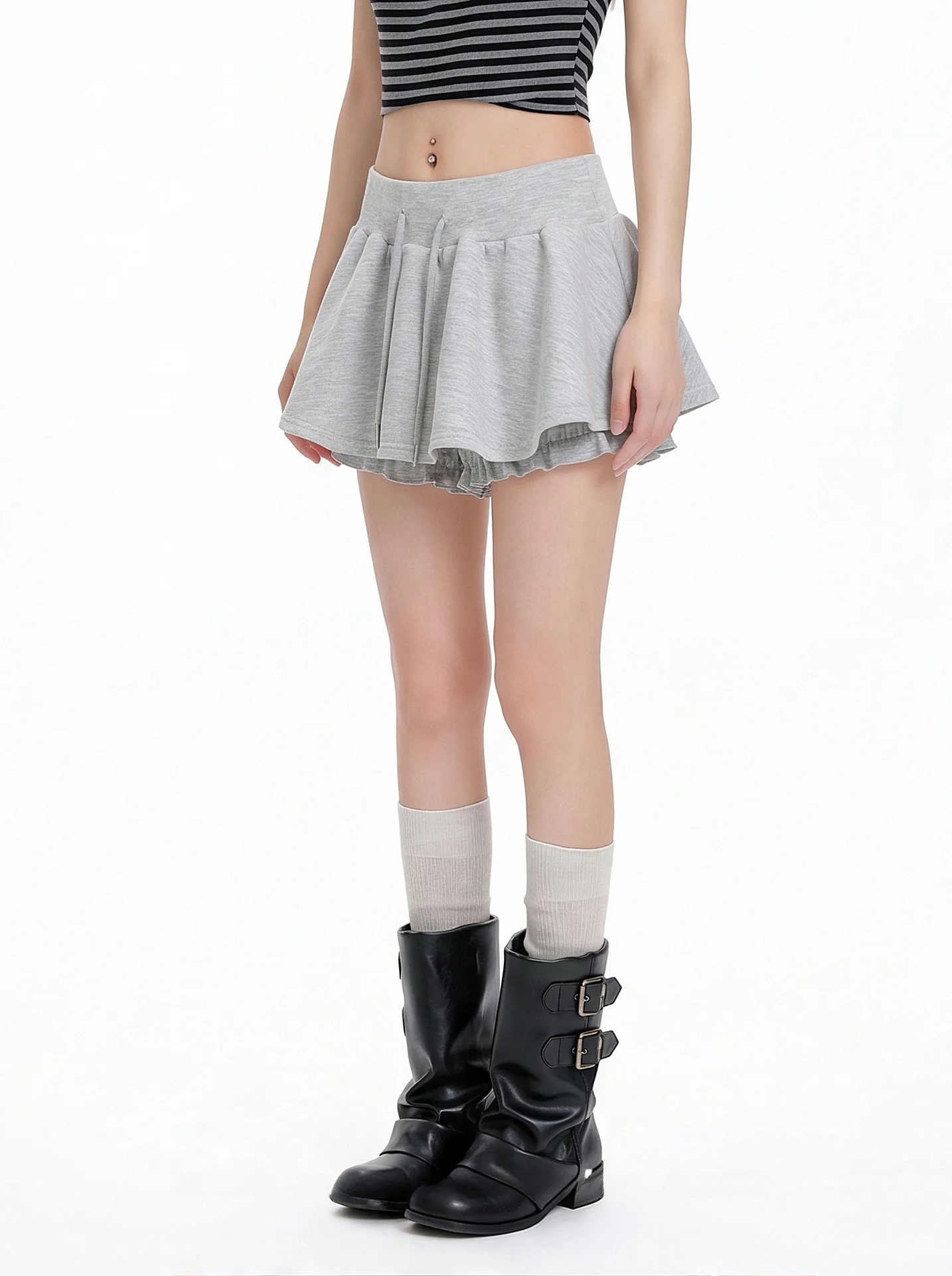 Sweet Style Casual Grey Pleated  Skirt Women Spring Autumn Drawstring Puffy A-Line Skirt Pants Breathable Skin-Friendly P...