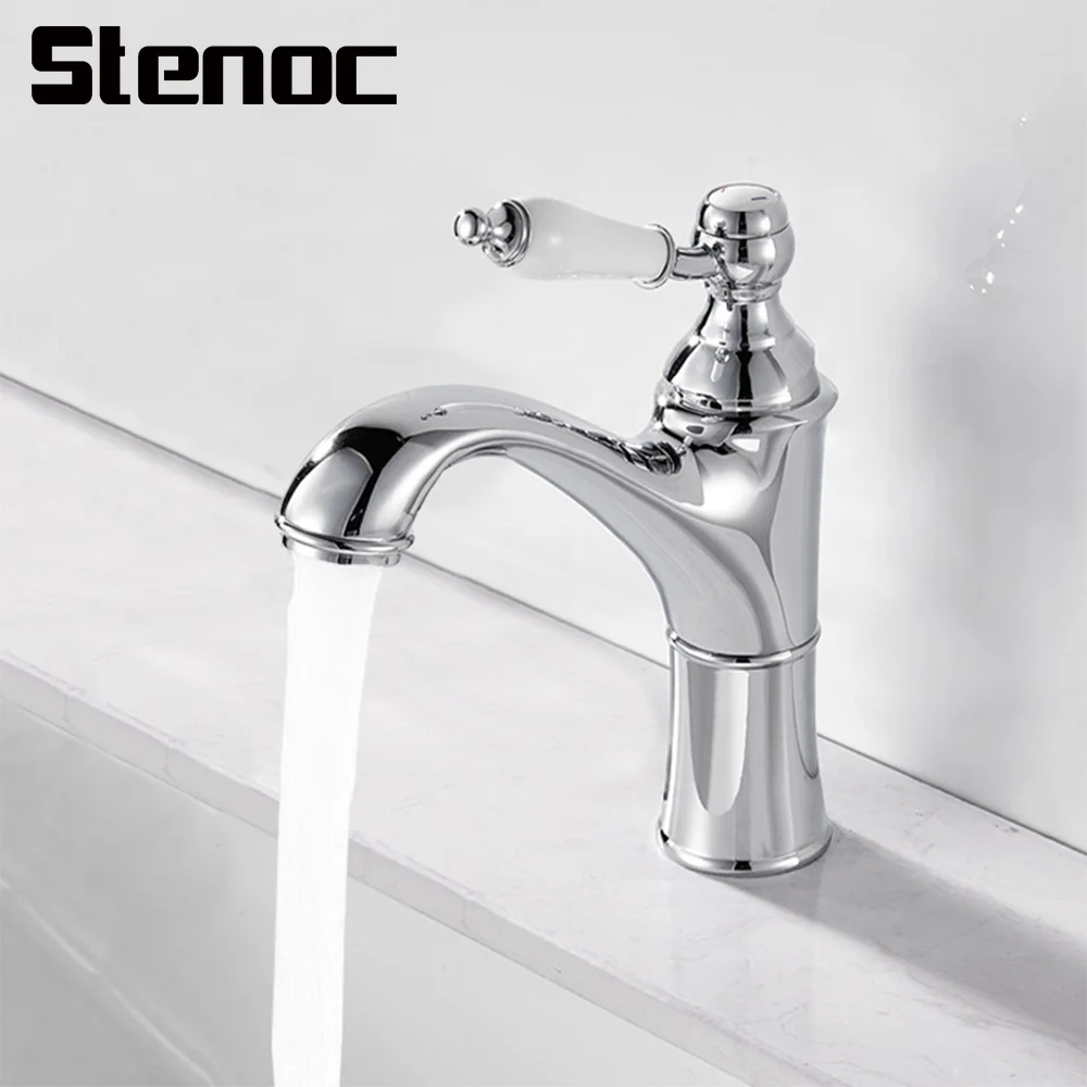 

Stenoc Luxury Solid Brass Gold Retro Faucet Ceramic Single Handle Deck Mounted One Hole Hot And Cold Chrome Classical Mixer Tap