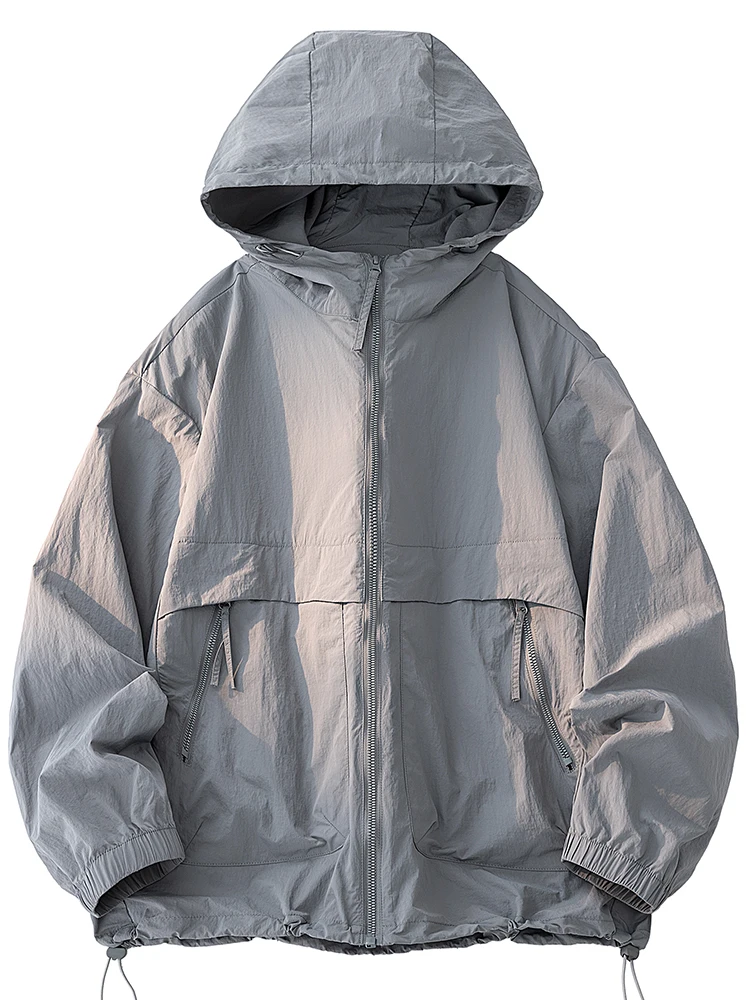 2026 New Men Lightweight Hooded Windbreaker Loose Fit Zip Up Drawstring Hem Casual Outdoor Travel Jacket